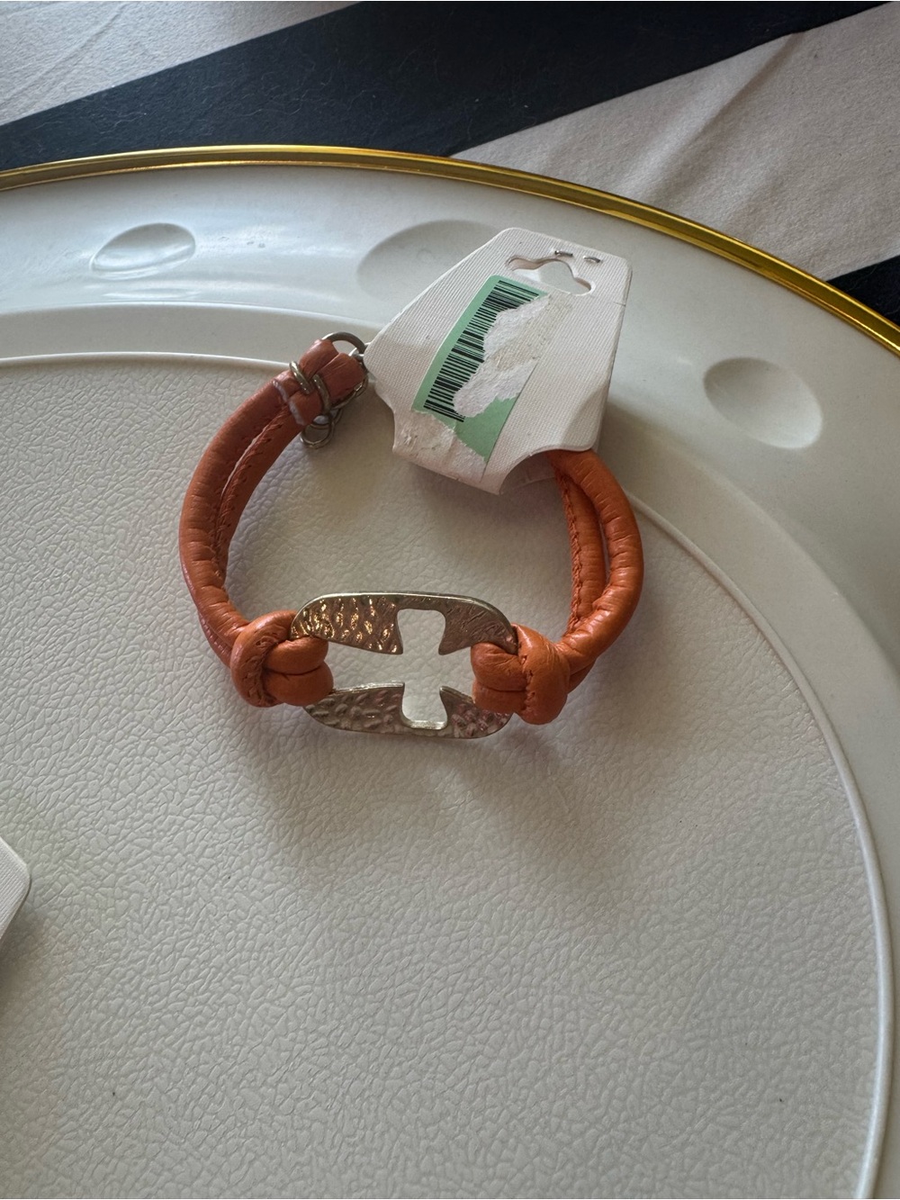 Orange Leather Knot Bracelet with Hammered Cross Accent